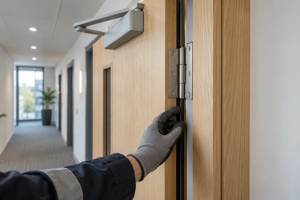 Gloved hand inspecting the hinge and edge seals of a commercial fire door