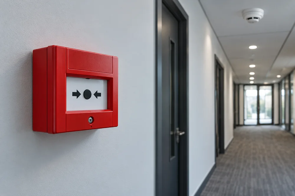 Red manual fire alarm call point in a modern commercial corridor
