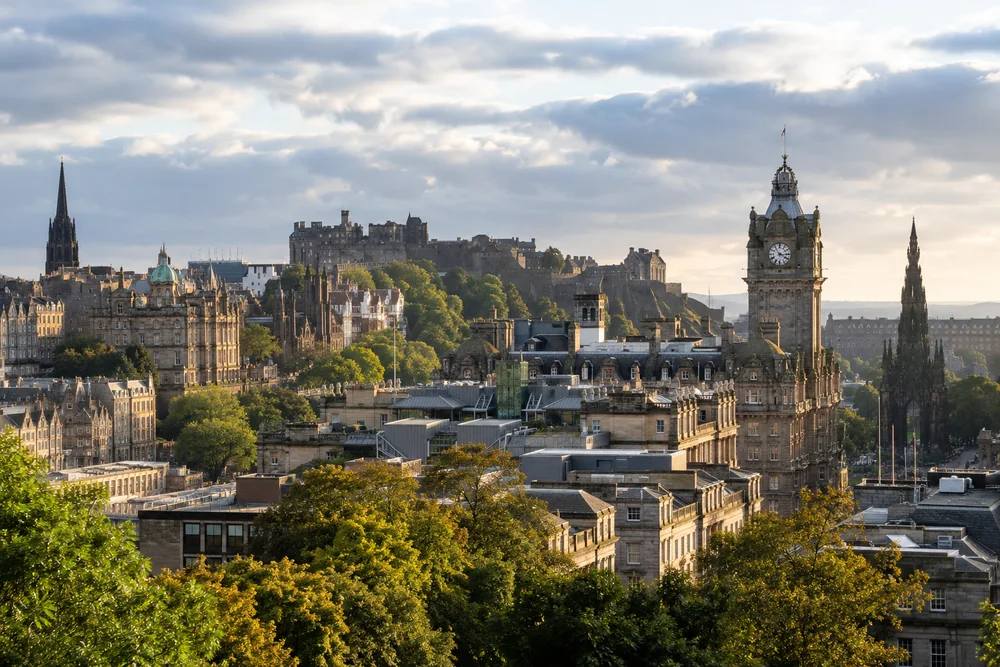 Edinburgh sandstone skyline with the castle and clock tower in soft daylight