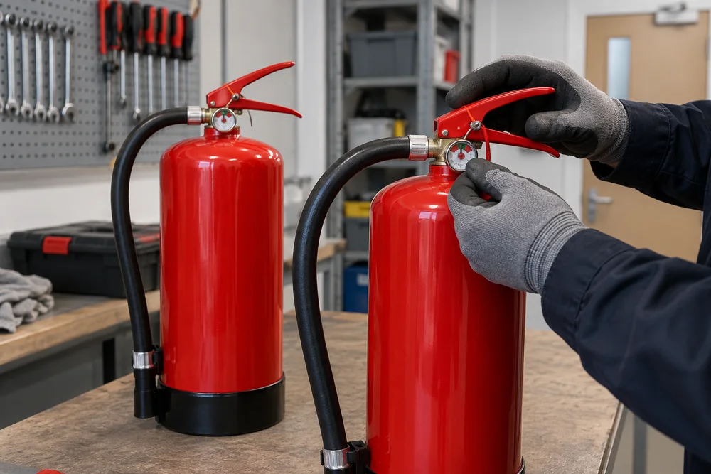Portable fire extinguishers being checked in a commercial maintenance room