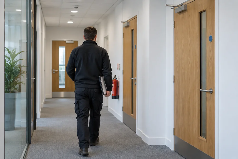 Fire safety assessor reviewing an office escape corridor