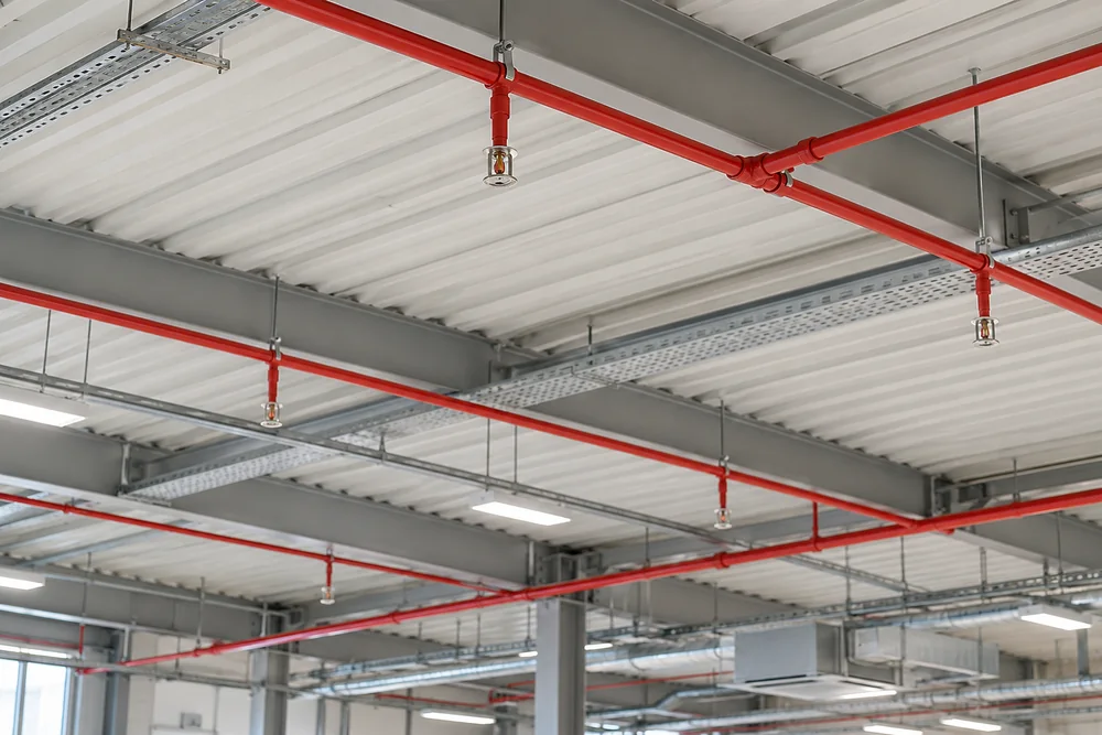 Red sprinkler pipework and sprinkler heads beneath a commercial building roof